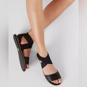 Sorel Ella Black Leather Sandals with Elastic Ankle Support